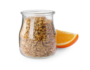 Jar of dried orange zest seasoning and fresh fruit isolated on white