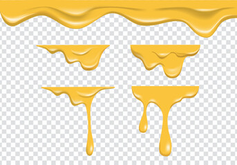 realistic yellow melting cheese liquid flowing on transparent background. spreading liquid cheese cream collection set vector decoration - obrazy, fototapety, plakaty