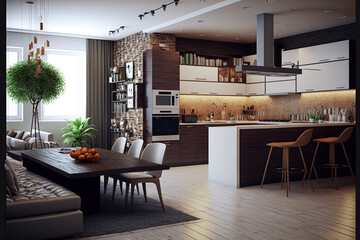 Modern kitchen and living room interior. Generative AI