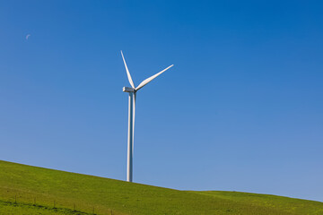 Wind turbine on the green meadow, renewable energy