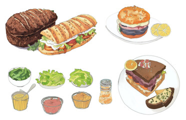 assorted food illustration collection transparency cutout alpha in watercolor and pencil, sandwich, hamburger and dressing