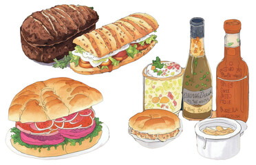 assorted food illustration collection transparency cutout alpha in watercolor and pencil