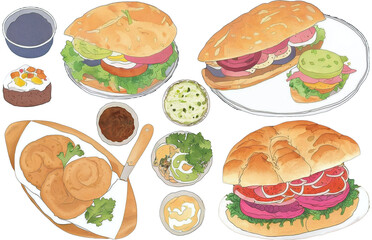 assorted food illustration collection transparency cutout alpha in watercolor and pencil