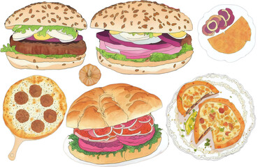 assorted food illustration collection transparency cutout alpha in watercolor and pencil