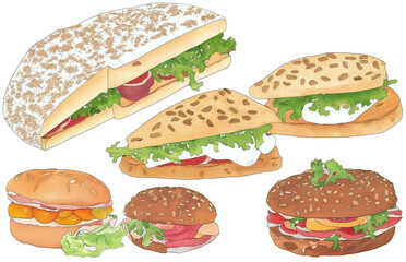 assorted food illustration collection transparency cutout alpha in watercolor and pencil
