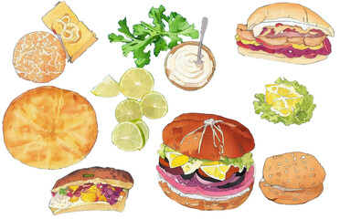 assorted food illustration collection transparency cutout alpha in watercolor and pencil
