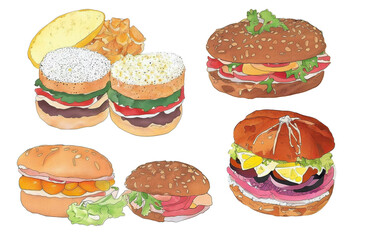 assorted food illustration collection transparency cutout alpha in watercolor and pencil