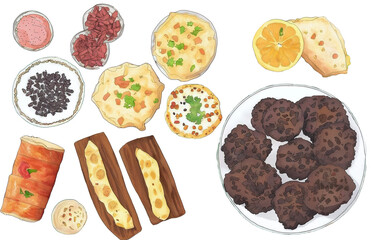assorted food illustration collection transparency cutout alpha in watercolor and pencil