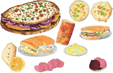 assorted food illustration collection transparency cutout alpha in watercolor and pencil