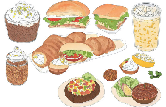 assorted food illustration collection transparency cutout alpha in watercolor and pencil
