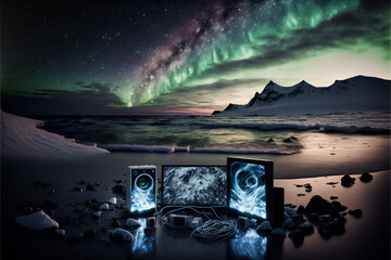 Glowing Technology Electronics Computers on a Beach with Mountains and Northern Lights in the Background, Aurora Borealis Generative AI