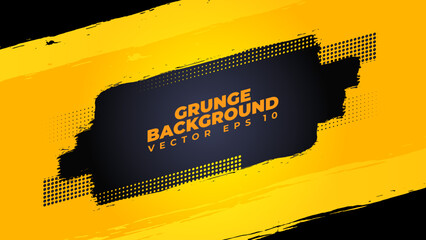 Abstract grunge background vector with paint brush and halftone effect, horizontal banner template design with gradient black and yellow color - obrazy, fototapety, plakaty