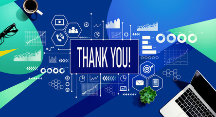 Thank you message with a laptop computer on a blue and green pattern background