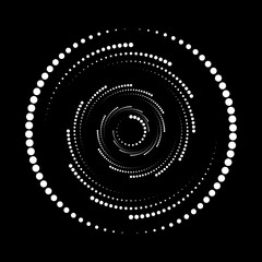 White circular halftone dots. Concentric rotating circles.   Halftone dotted lines. Trendy element for posters, social media, logo, frames, promotion, flyer, covers, banners, backdrop