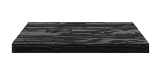 Vector black wood table top isolated on white background. Dark square long wooden desk. 3d oak stage for cosmetics. Cube food realistic plate. Floor tile plank. Premium podium stage