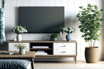 The living area has a TV on the white and cream wall, books and flowers on the table, couches, and trees on the hardwood floor. Generative AI
