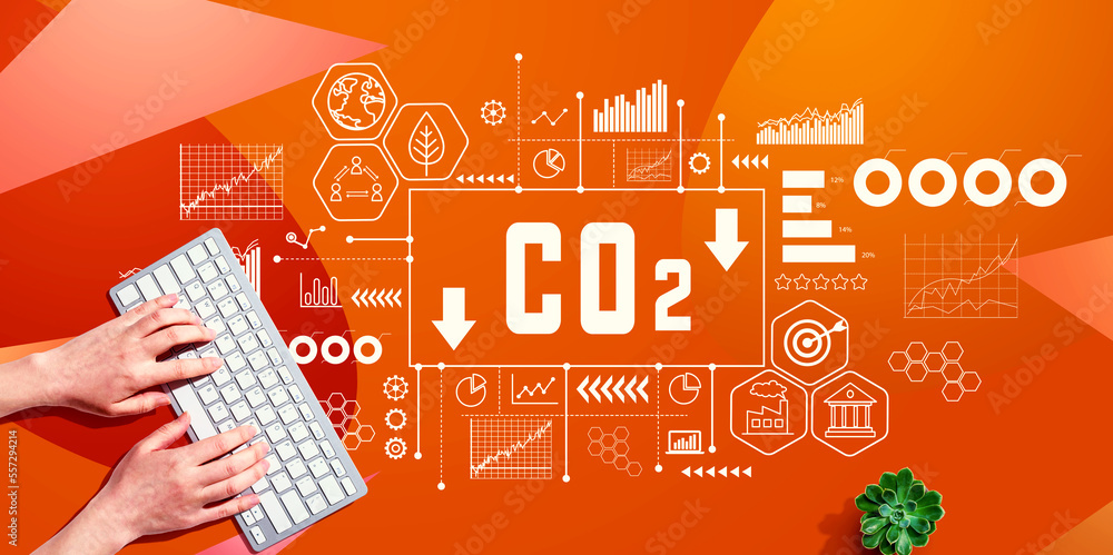 Aufkleber reduce co2 theme with person using a computer keyboard