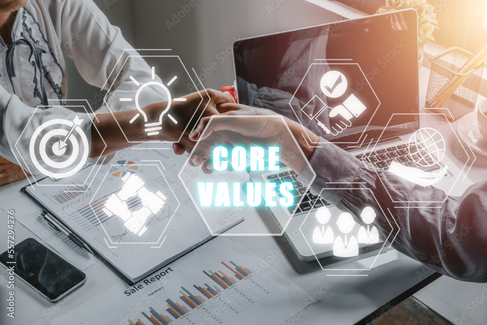 Poster core values, corporate values concept, business team making handshake with his partner in office des