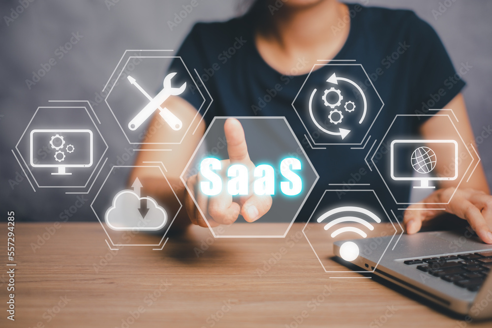 Poster saas - software as a service, businesswoman hand working on laptop to synchronize on saas host serve
