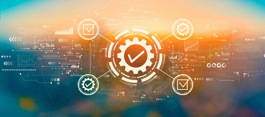 Obraz premium Quality control approval with blurred cityscape at sunset or sunrise