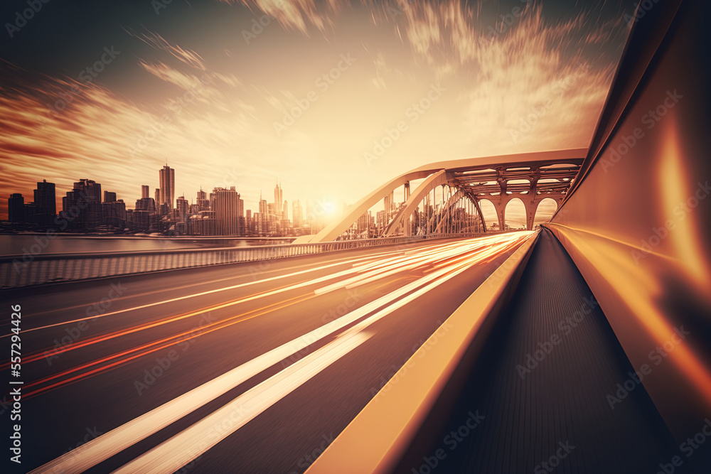 Poster motion blur of a highway bridge with a metropolitan skyline in the backdrop. warm feeling. generativ