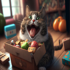A happy cat enjoying their monthly box of treats and toys