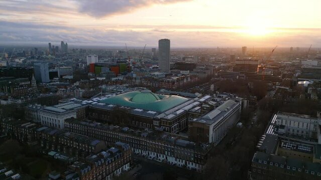 British Museum in London from above - aerial view at sunset - travel photography