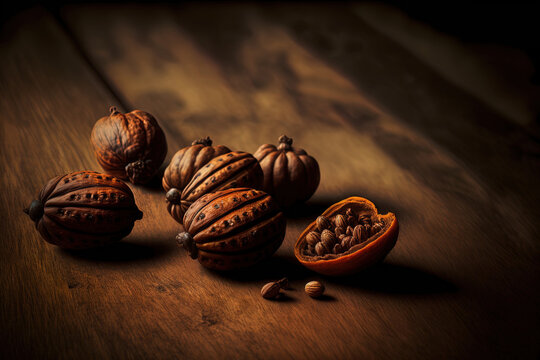 Yummy ripe tamarinds, flat laid, on a dark hardwood table. Generative AI