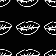 White lipstick kiss seamless pattern. Makeup lips silhouettes. 
Beauty and cosmetics texture decor textile, wrapping paper wallpaper print black and white. Stock vector illustration