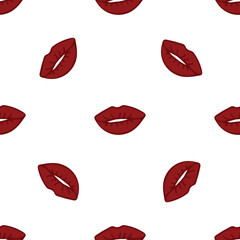 Red lipstick kiss seamless pattern. Makeup lips symbols, red silhouettes. 
Beauty and cosmetics texture decor textile, wrapping paper wallpaper print. Stock vector illustration