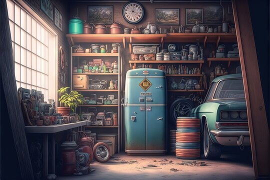 Old Vintage Style Garage, With Objects and Tools Stored, and Also a Car ready for being repared and cleaned