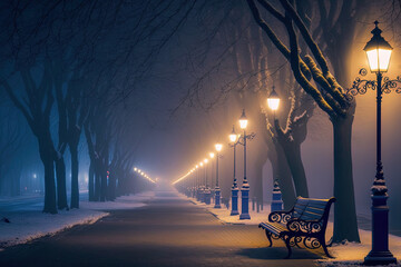 a foggy main street in a nighttime winter park. Footpath with seats and rest areas in a beautiful winter city park at night and in the fog. Lovely evening in the fog in Mariinsky Park. Ukraine, Kyiv