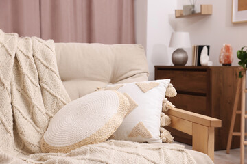 Fototapeta na wymiar Comfortable sofa, cushions and blanket in cozy room. Interior design