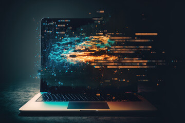 Abstract creative coding concept on a multi exposure contemporary laptop background. Generative AI - obrazy, fototapety, plakaty