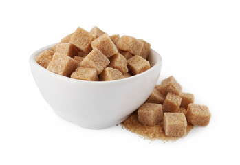 Bowl and brown sugar cubes on white background