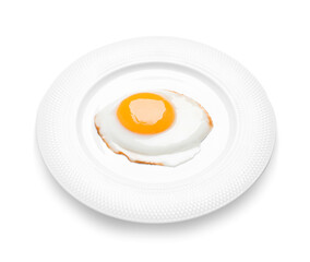 Plate with delicious fried egg isolated on white