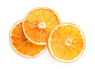 Delicious dry orange slices on white background, top view