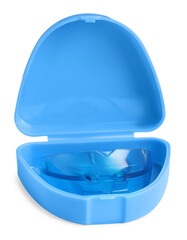 Transparent dental mouth guard in container isolated on white. Bite correction