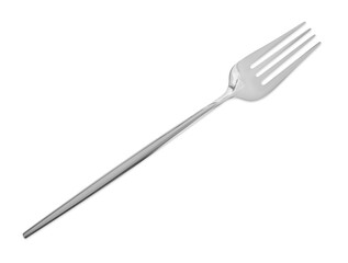 One shiny metal fork isolated on white, top view