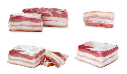 Collage with pieces of pork fatback isolated on white