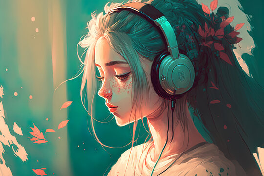 Cute girl resting while listening to soothing music. meditating young lady with headphones. A gorgeous woman is shown in a serene, ambient, tranquil, and bright digital artwork. Cool look, lofi gal. D