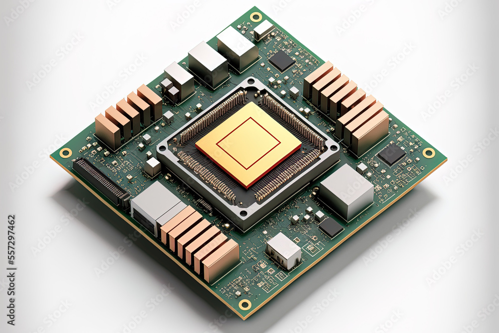 Aufkleber isometric processor microchip of an electronic motherboard on a white background. generative ai