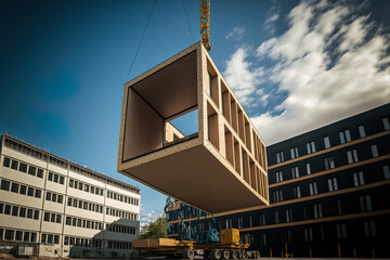 A wooden building module is raised by a crane and placed into the framework. Berlin office building under construction. Modular wood construction will be used to build the new building. Generative AI