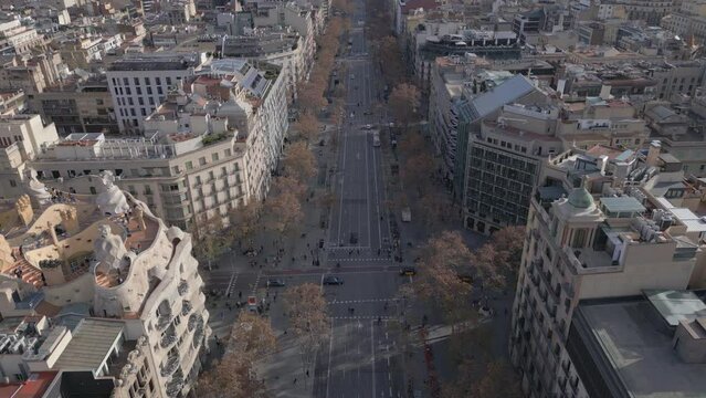 descending shot of Paseo de Gracia in Barcelona Spain