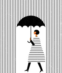 Lines of rain surround a woman protected by Under an umbrella. Barcode rainy season. Seamless stripe pattern. Black and white. Side view. Simple graphic, line art. Trendy vector flat illustration. © DDDART