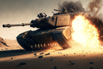 In a future war, explosives and sparks are being fired from tanks and other combat vehicles as troops and other equipment engage in conflict. Generative AI