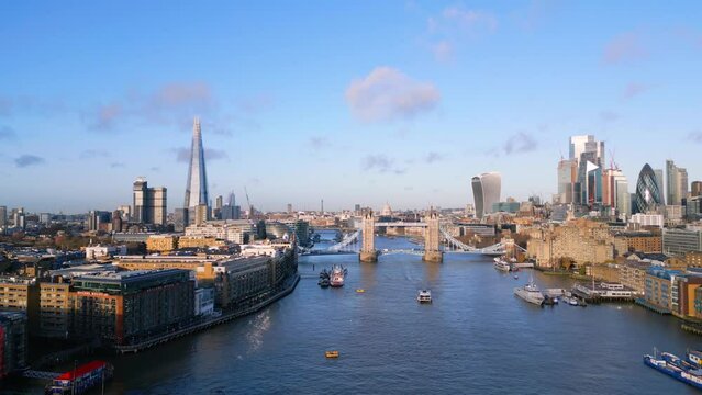 Typical aerial view over the city of London with Tower Bridge and River Thames - travel photography