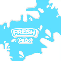 Fresh milk banner with,splash,drops on white and blue background for branding, logo, template, label, emblem and shop, packaging, packing and advertising. Vector