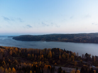 The autumn forest and lakes from above. The Ruskeala Park view from the drone