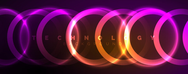Neon shiny circles abstract background, technology energy space light concept, abstract background wallpaper design